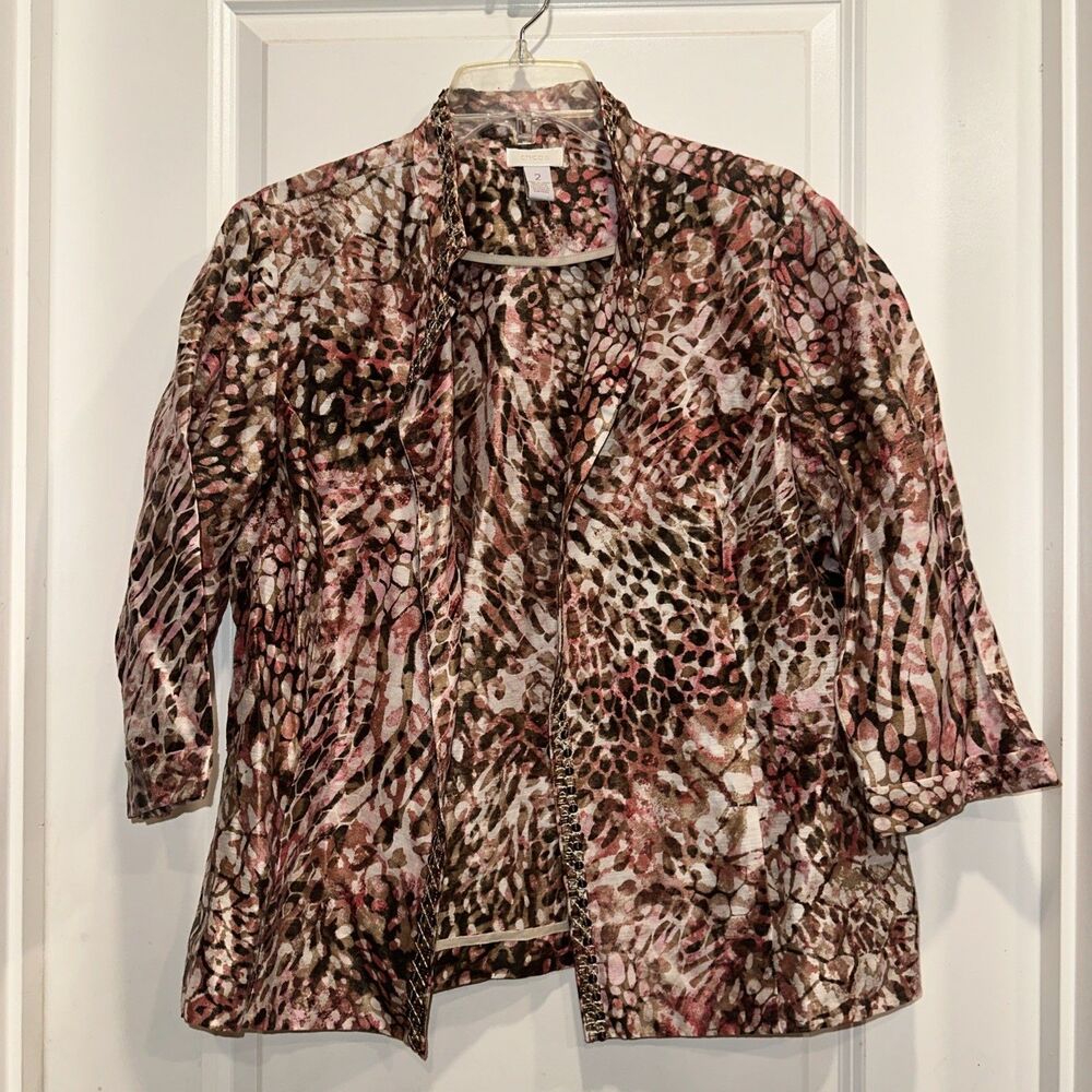 Chicos Size 2 Large Womens Linen Blend Open Front  Arty Animal Water Color